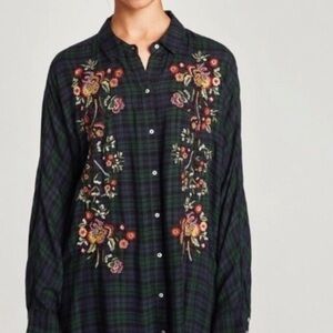 Embroidered Plaid Flannel Collared Tartan Shirt